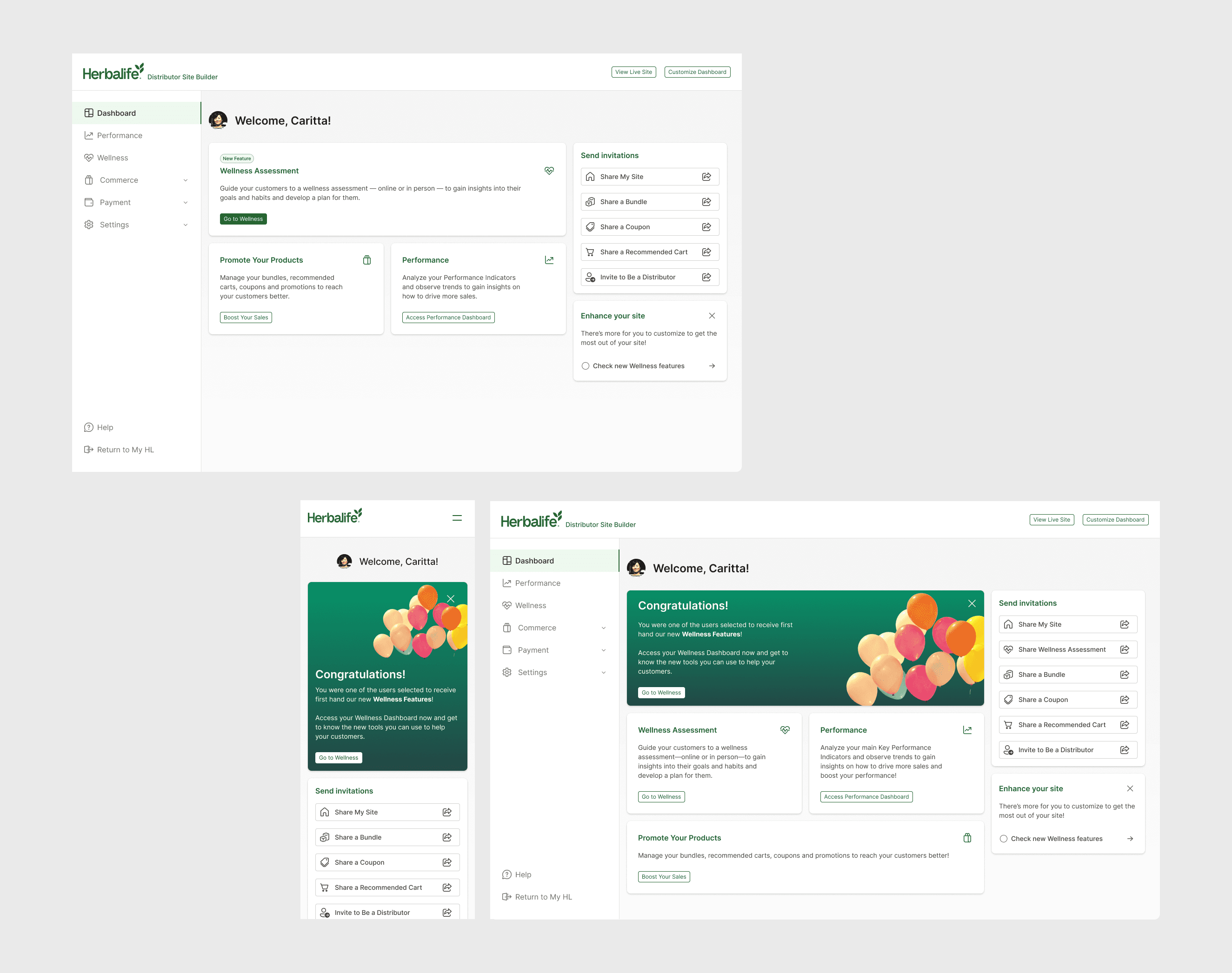 Herbalife dashboard with a New Feature Wellness Assessment card and a Congratulations banner shown across onboarding and everyday states