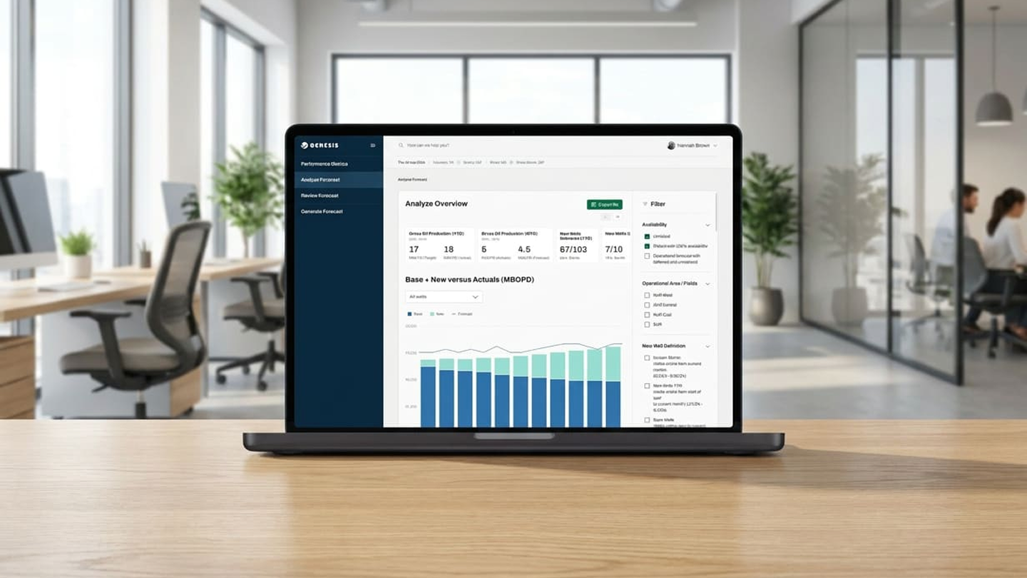 Genesis forecasting platform dashboard on a MacBook