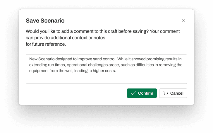 Save Scenario modal with a comment field