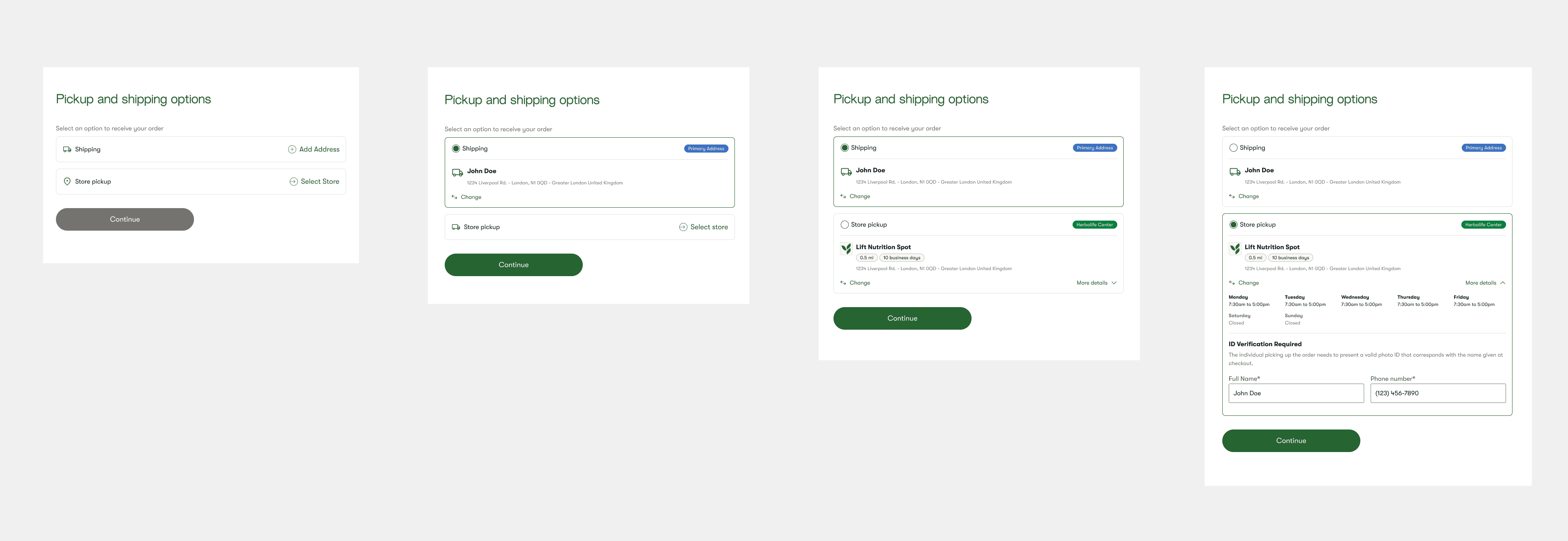 Pickup and shipping options toggle progressing from initial choice to a selected store pickup with hours and ID verification