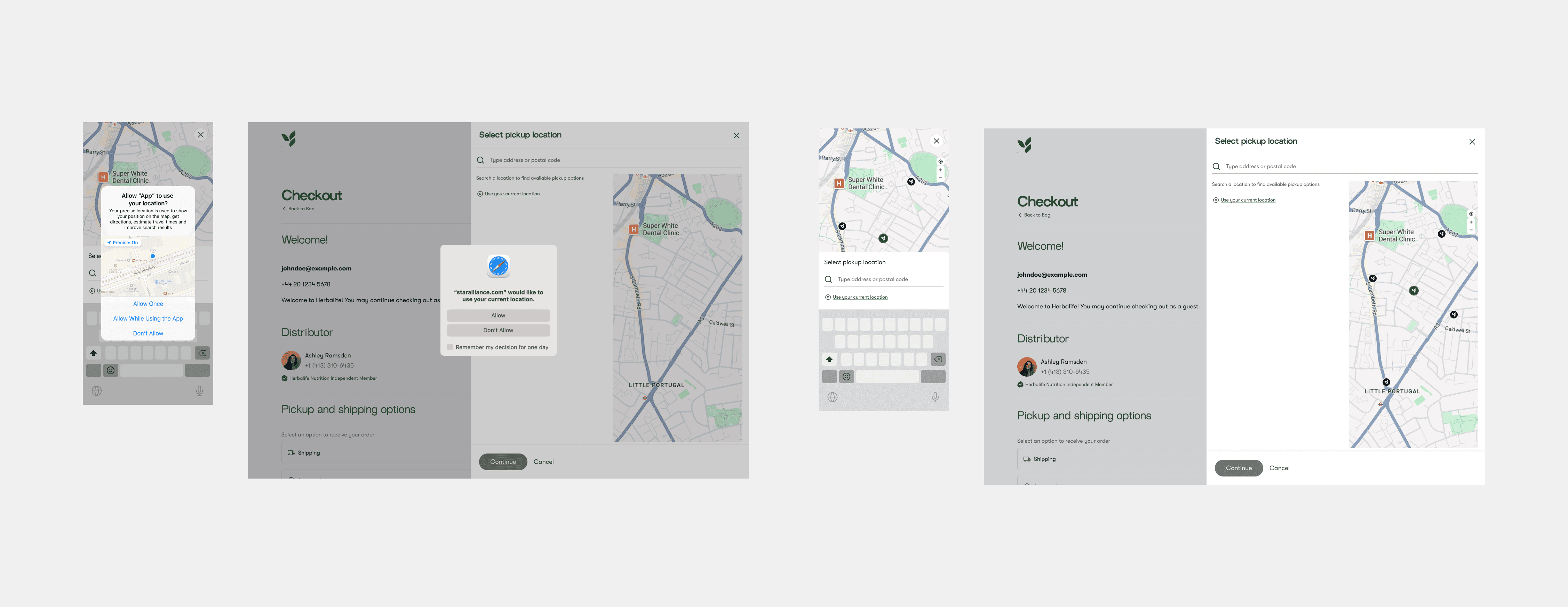 Location permission prompt and Select Pickup Location search modal with map results, on mobile and desktop