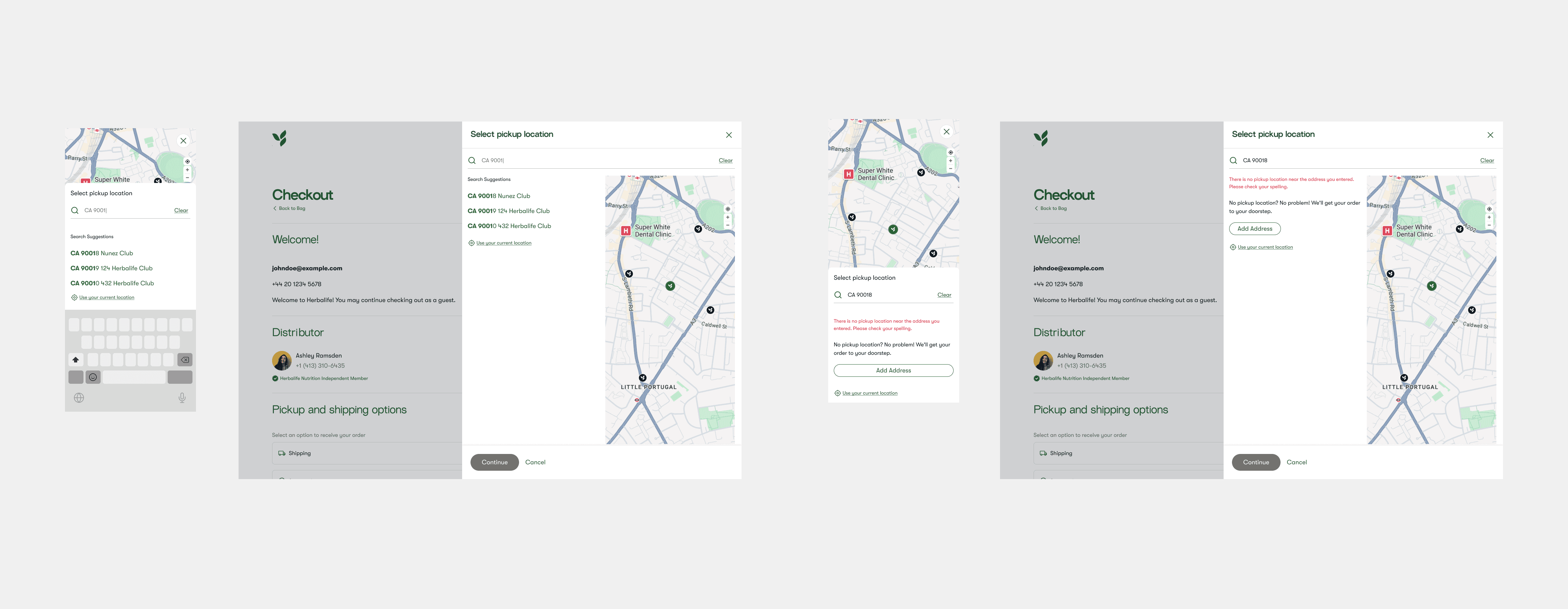 Search suggestions by PIN code and a no-results state offering to add a shipping address instead