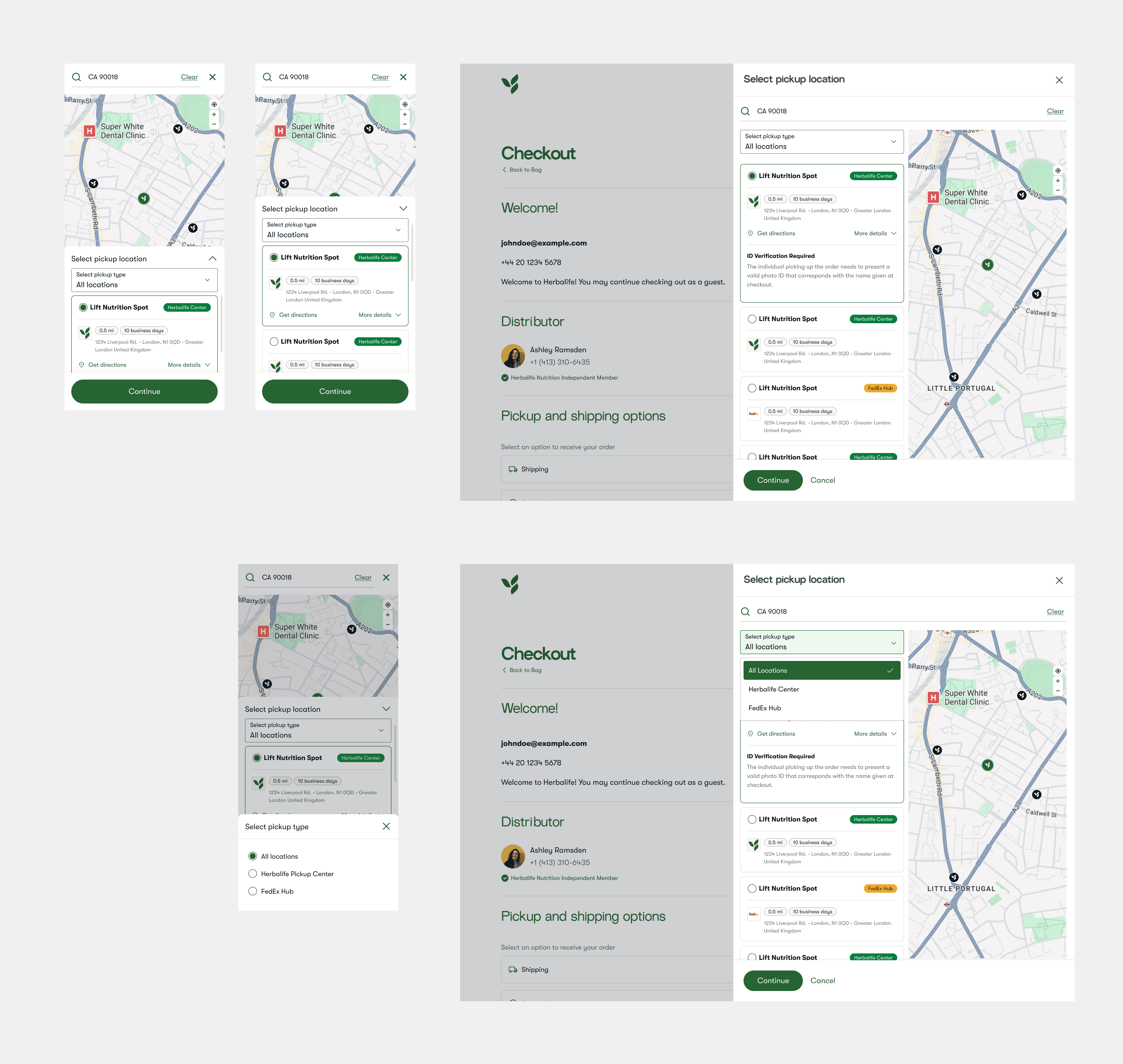 Pickup type filter dropdown with All Locations, Herbalife Center and FedEx Hub options, alongside the filtered results and map