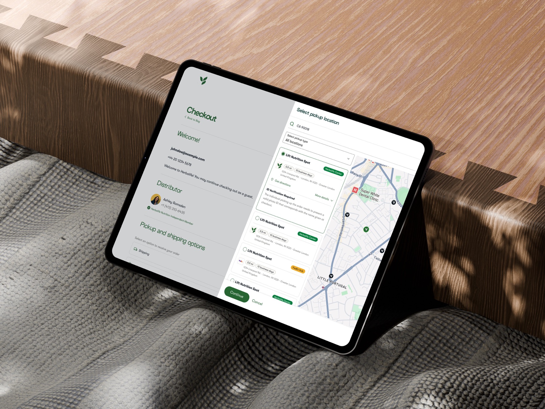Tablet showing the Select Pickup Location screen next to the Herbalife checkout flow