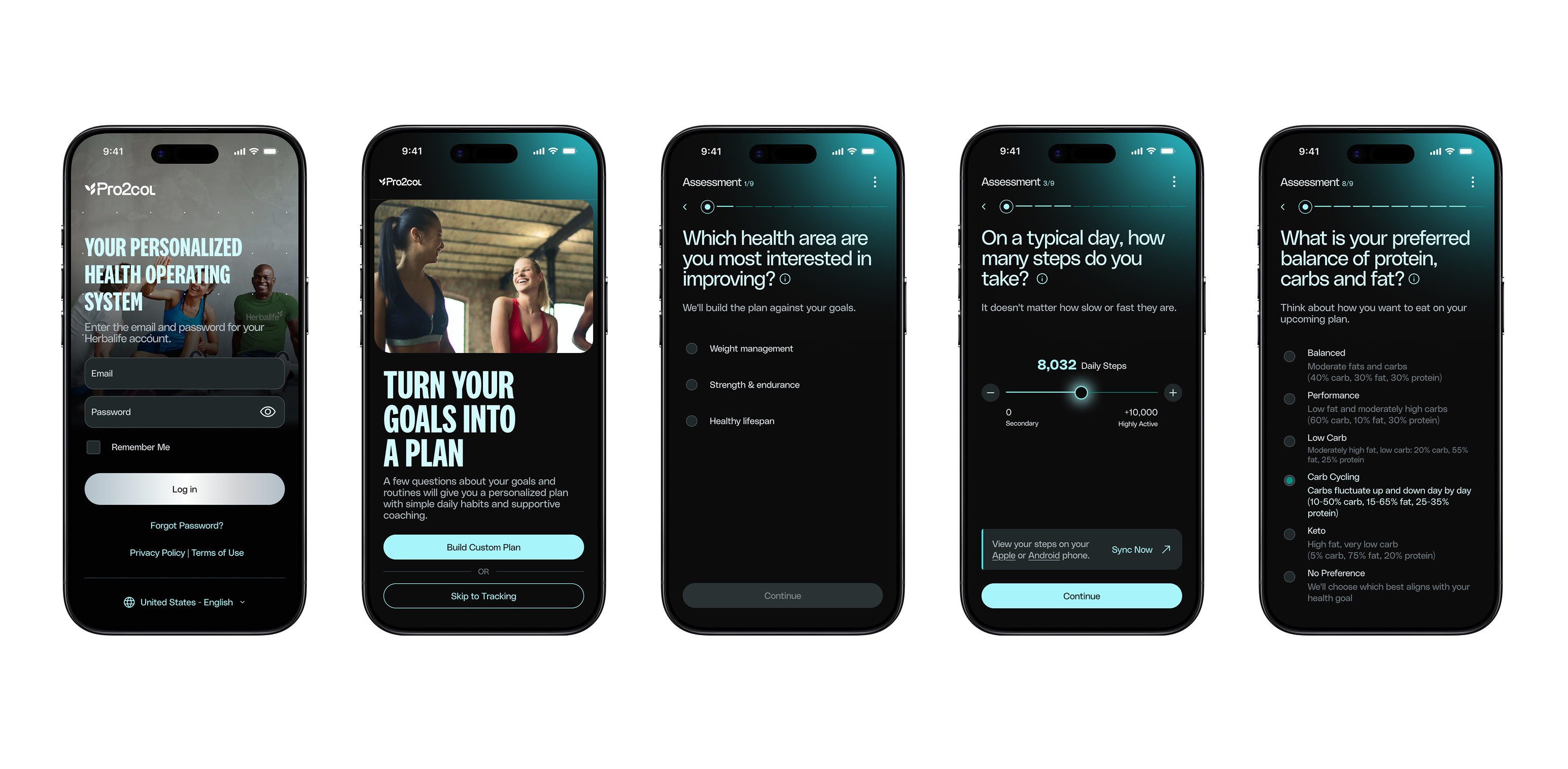 Pro2col login, goal-setting intro and simplified assessment screens