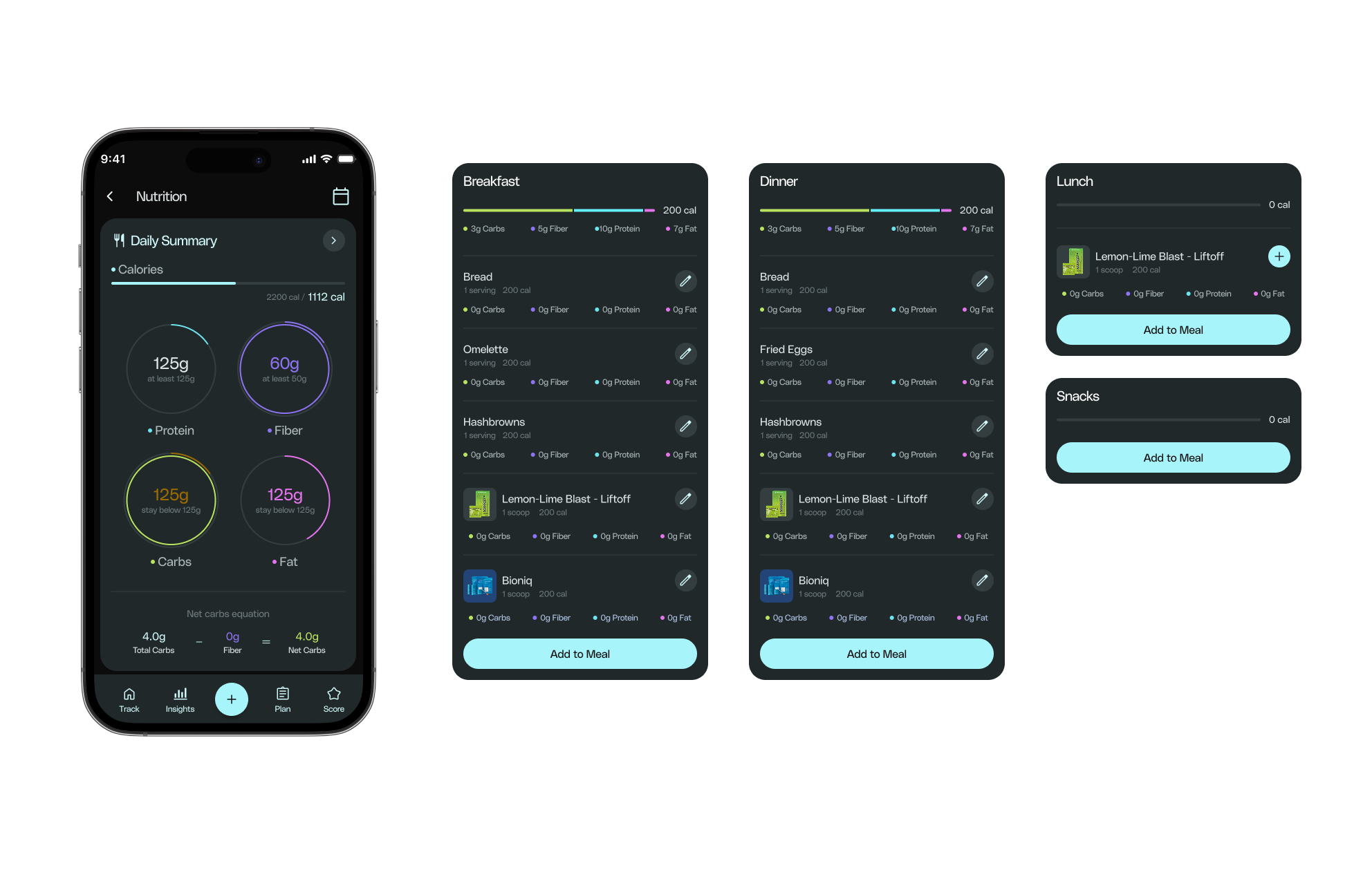 Pro2col nutrition detail screen with meal logging for breakfast, lunch, dinner and snacks