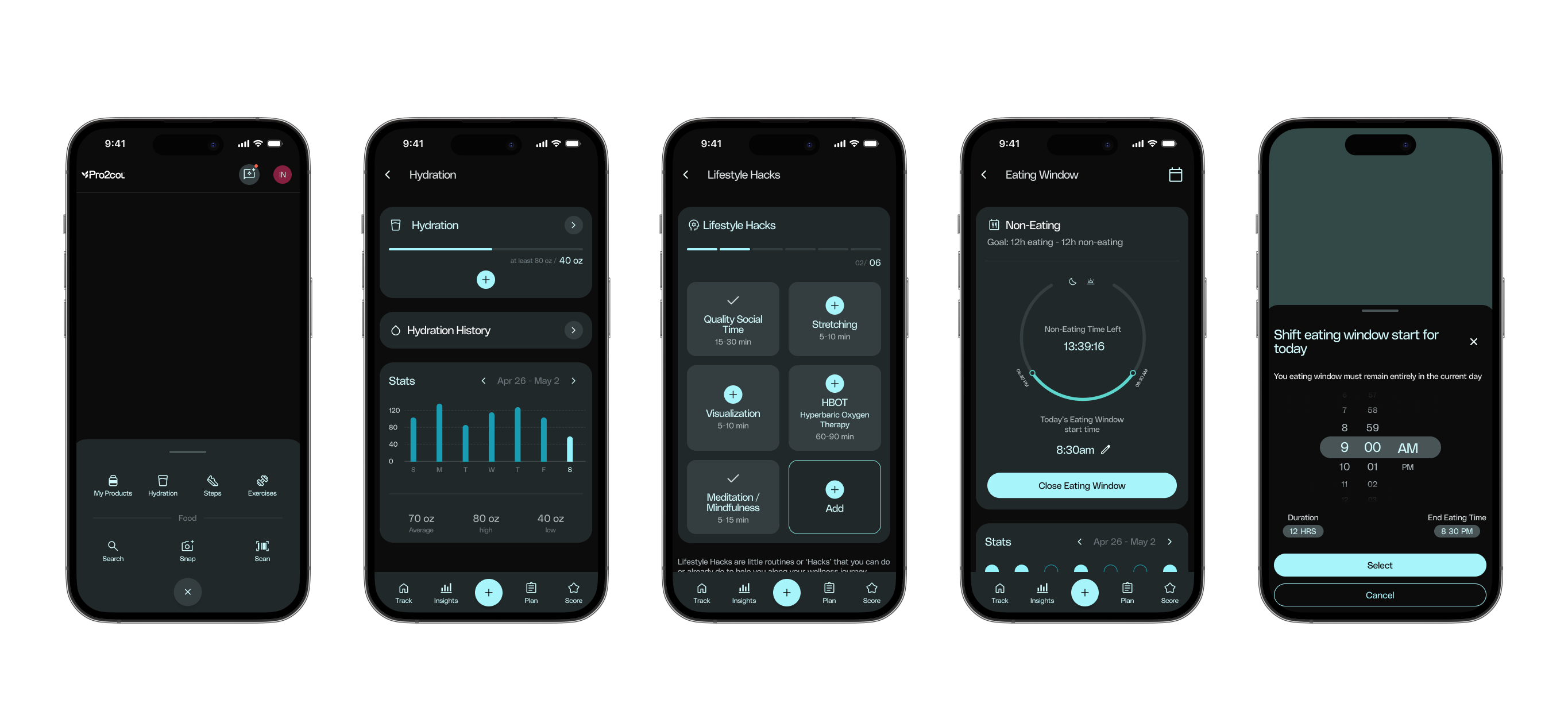 Pro2col quick-add menu and individual tracker detail screens