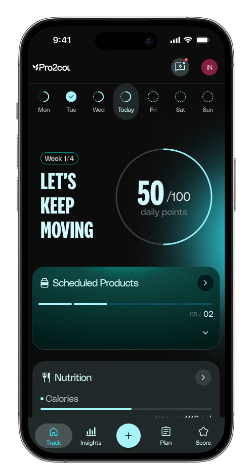 Animated Pro2col home dashboard showing daily points and scheduled products