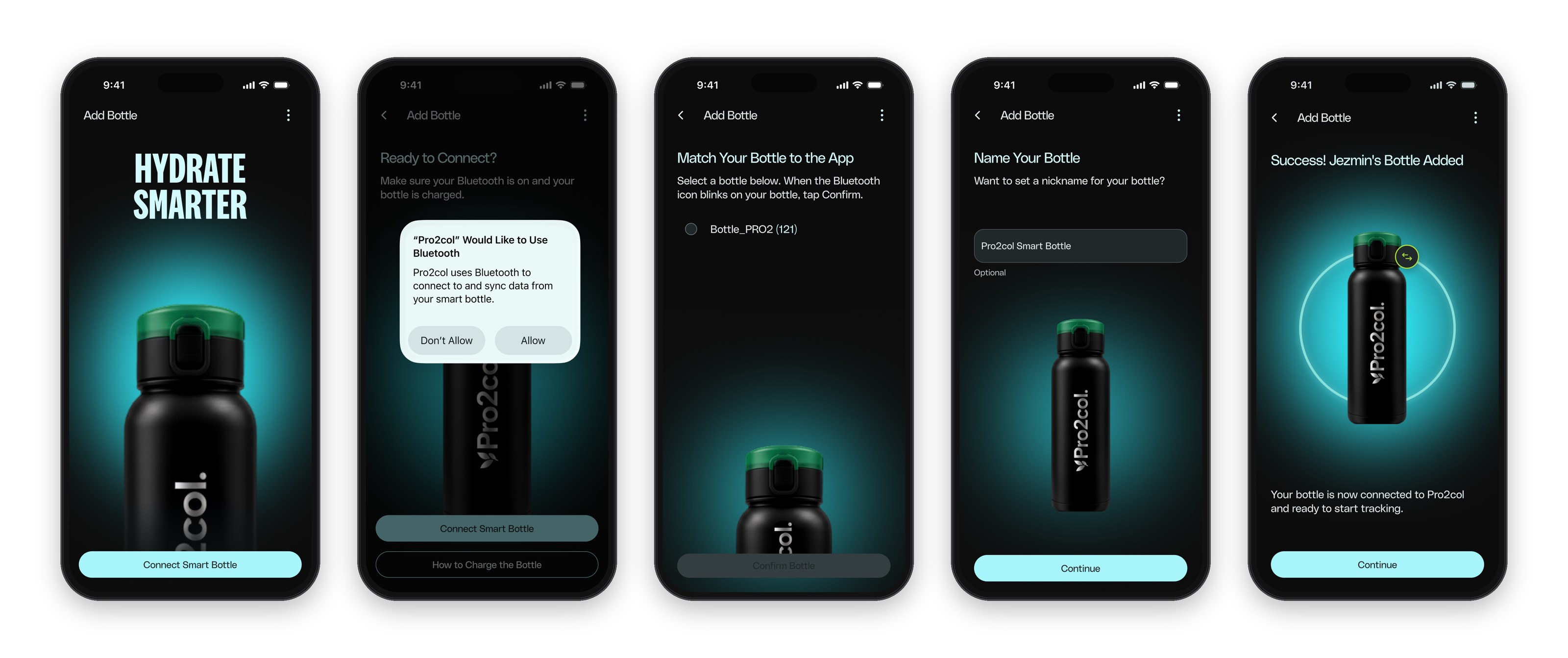 Bottle setup screens: intro, Bluetooth permission, match your bottle, name your bottle and bottle added