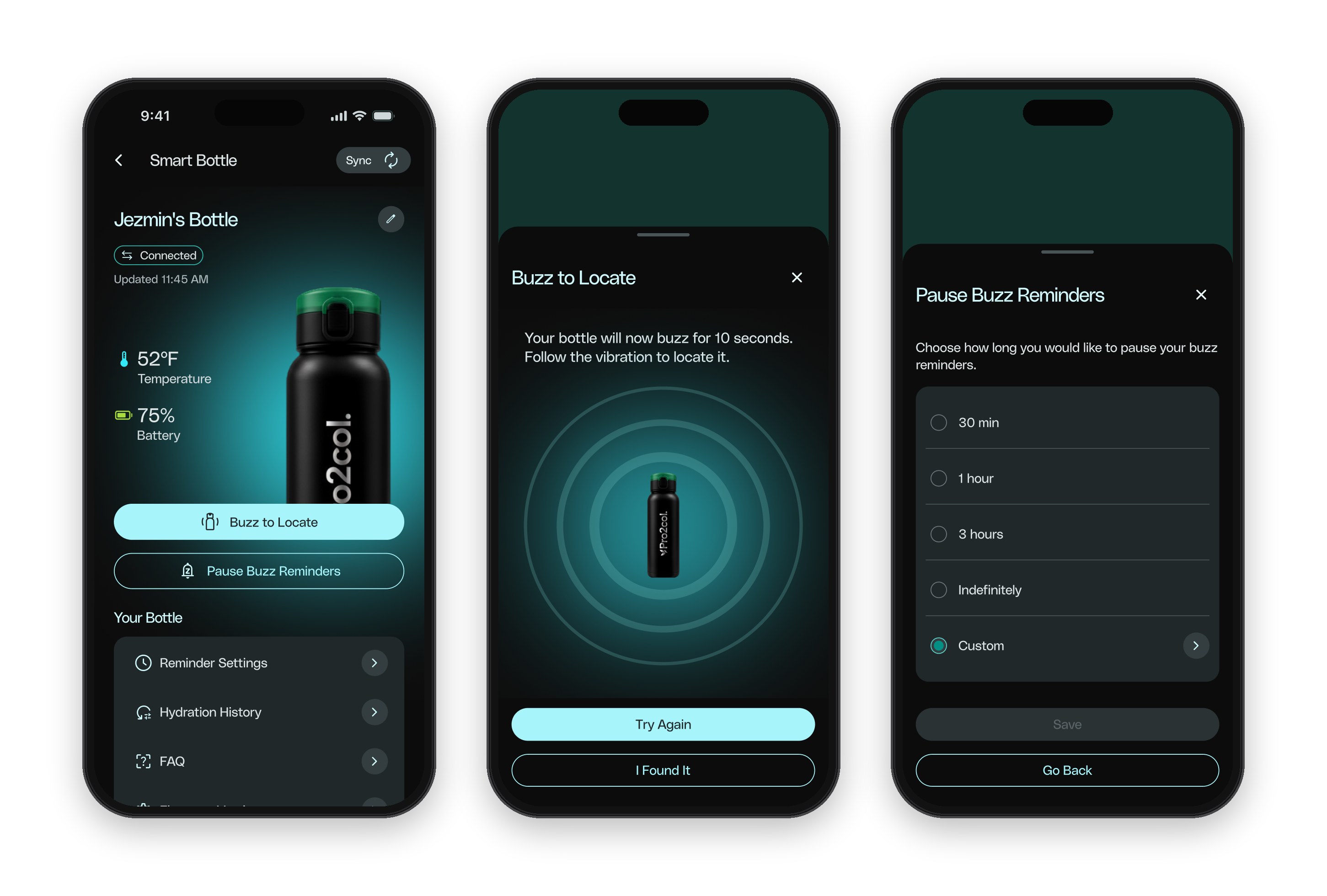 Bottle settings, Buzz to Locate and pause buzz reminders screens