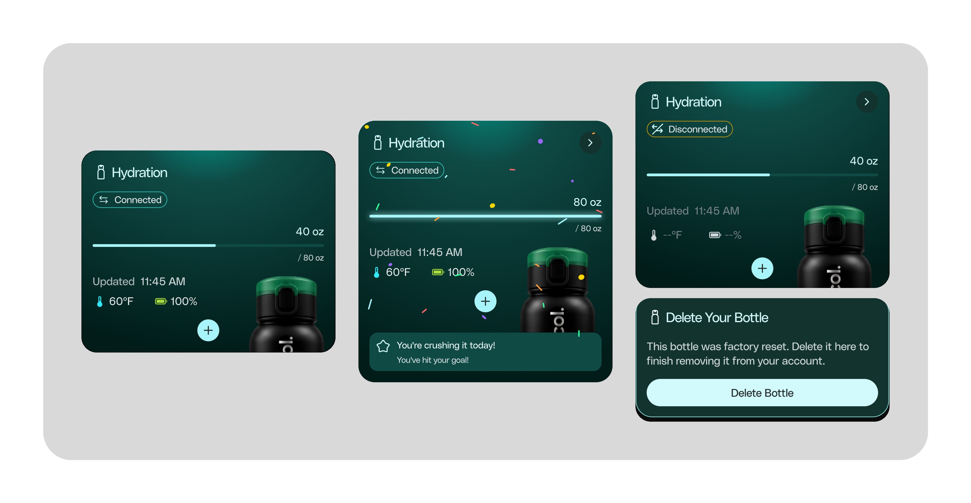 Hydration card states: connected, goal reached with confetti, and disconnected with a Delete Your Bottle card