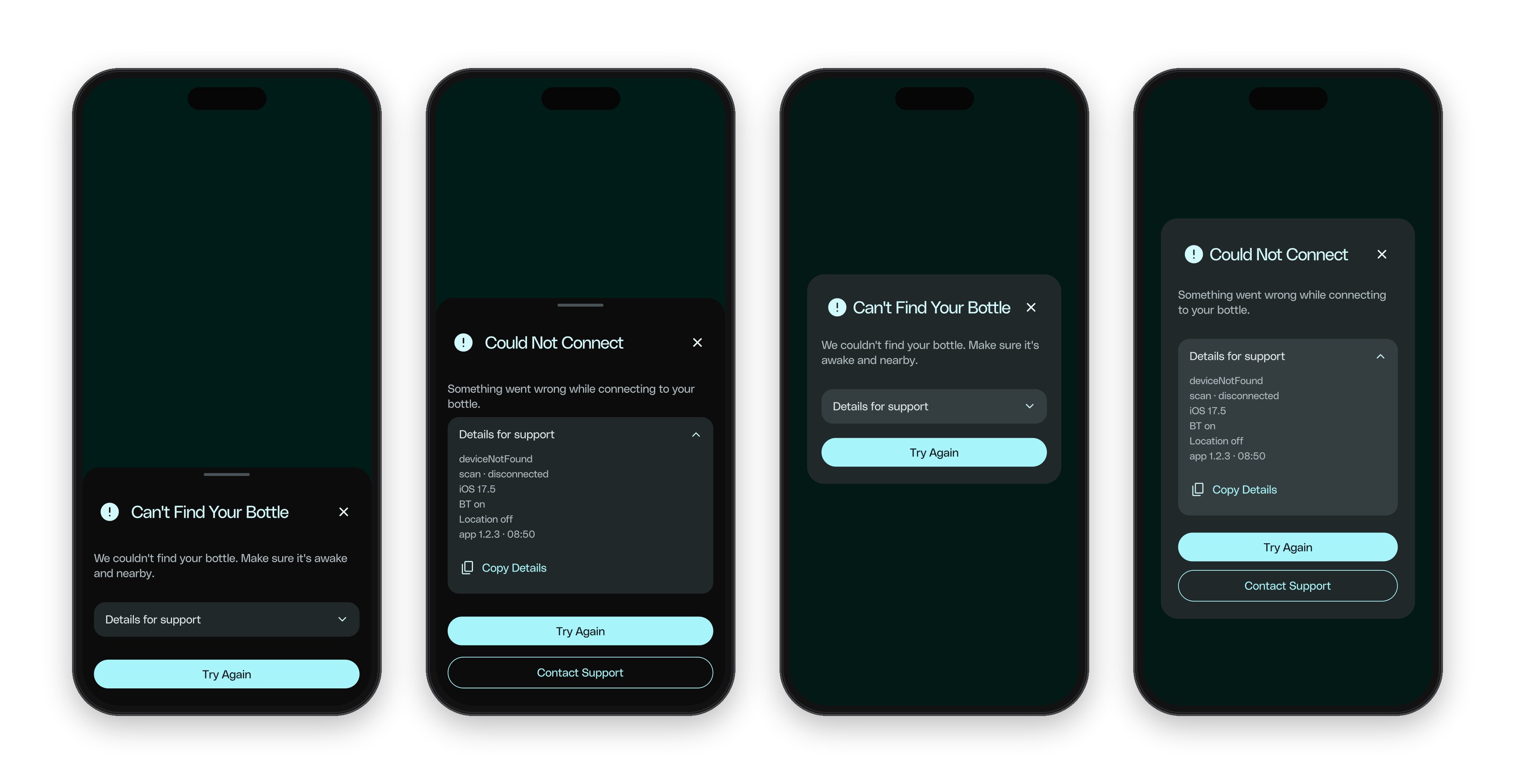 Error template as a bottom sheet and as a centered dialog, collapsed and with support details expanded