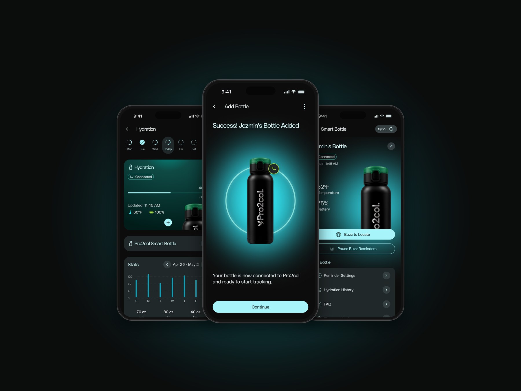 Pro2col smart bottle screens: bottle added, hydration and settings